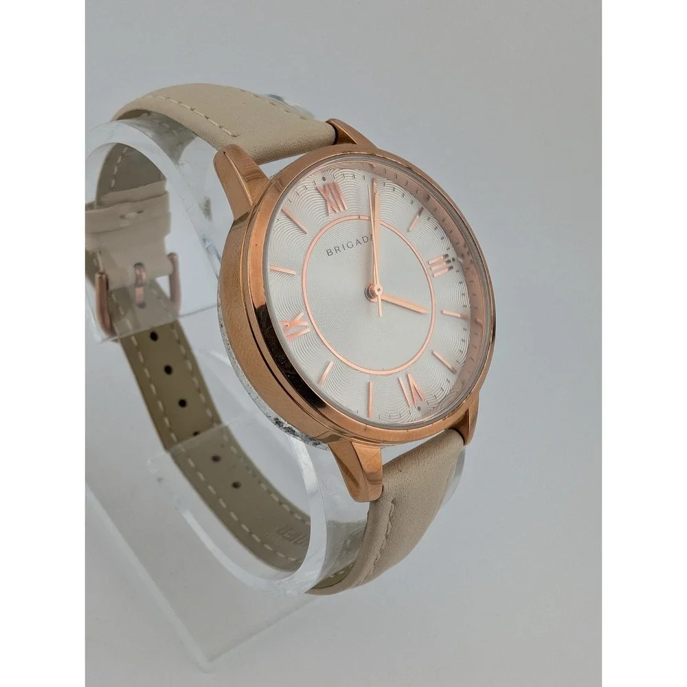 Brigada Watch Women 34mm Rose Gold Case Beige Leather Band-‎ New Battery